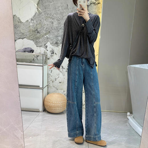 立裁结构分割弧形牛仔裤！女款遮胯显瘦秋季新拼接高腰美式复古阔腿裤！ 商品图1