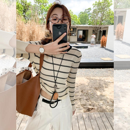 <曾小咸推荐>韩系修长袖条纹针织打底衫上衣 商品图0