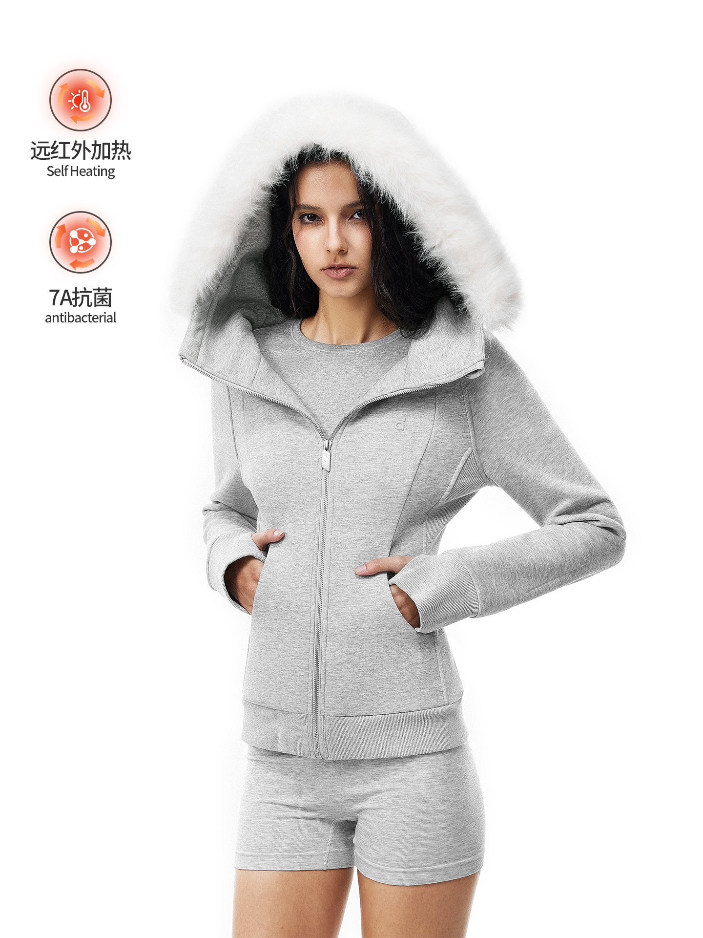 FDR官方店 7A抗菌可拆卸毛领收腰加绒连帽卫衣外套女秋季保暖上衣