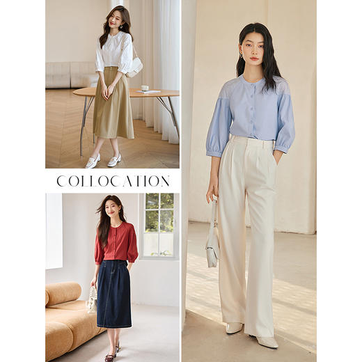 【专属特价】熙世界红色法式七分袖衬衣女2025初秋新款高端气质天丝衬衫上衣 商品图1