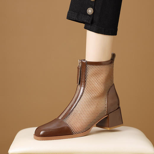 【预售5天】镂空网靴女透气网面中跟凉靴方头粗跟前拉链配裙子女鞋HY&H3607 商品图0