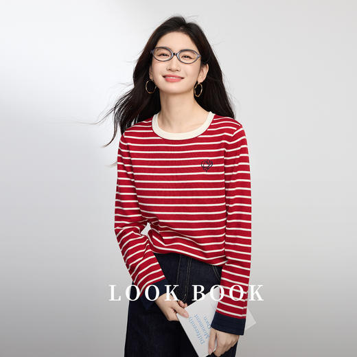 【09/03新品4.8折】熙世界「含绵羊毛」条纹针织衫女秋季2025年新款撞色长袖圆领上衣 商品图1