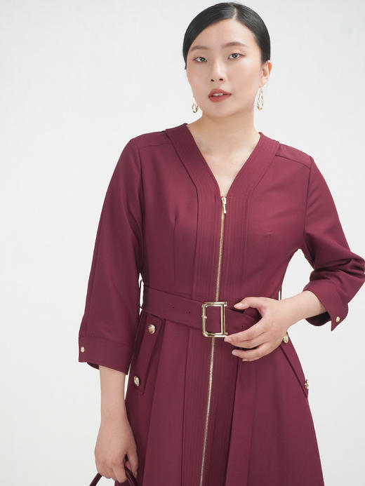 SZ3S56_魏紫色_连衣裙_秋季_V领金属拉链门襟腰带收腰七分袖_高级女装_BERNIEELEN 伯妮斯茵 商品图0