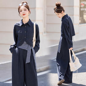 HR  YF2613港风复古叠穿牛仔套装休闲衬衣格子吊带阔腿裤三件套