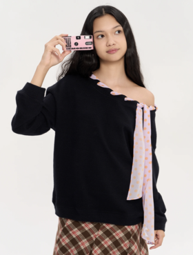 heris/H53122/彩色波点丝巾系带 一字肩/露肩两穿 慵懒氛围感针织卫衣