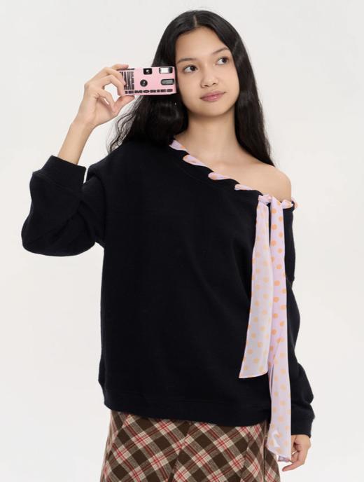 heris/H53122/彩色波点丝巾系带 一字肩/露肩两穿 慵懒氛围感针织卫衣 商品图0