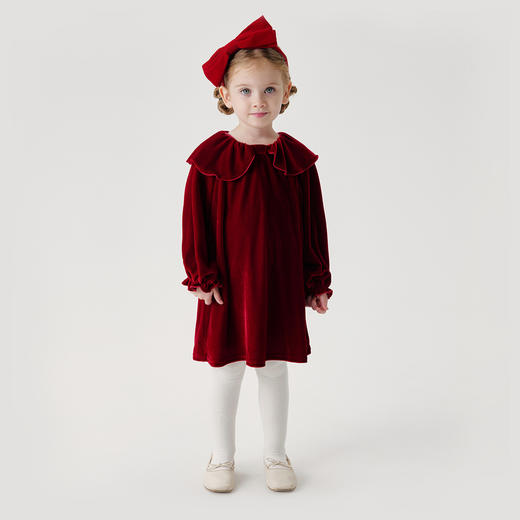 马克珍妮女童优雅蝴蝶领丝绒连衣裙2025年秋冬新款551593 商品图1