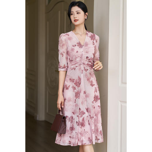 米思阳2026春季网纱裙浪漫法式印花裙设计感抽褶清新粉色连衣裙3711 商品图1