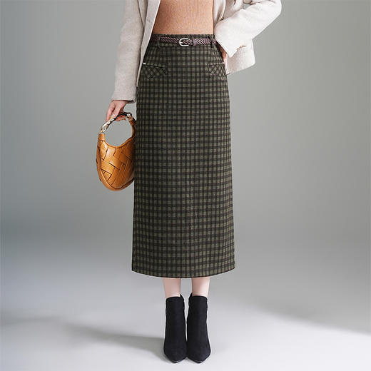 QYM 6325 -Y后开衩包臀裙半身裙气质毛呢格纹一步裙 商品图0