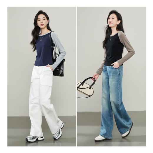 【断码！超值捡漏】逸阳秋款长袖t恤圆领插肩撞色拼接修身显瘦打底衫3658 商品图9