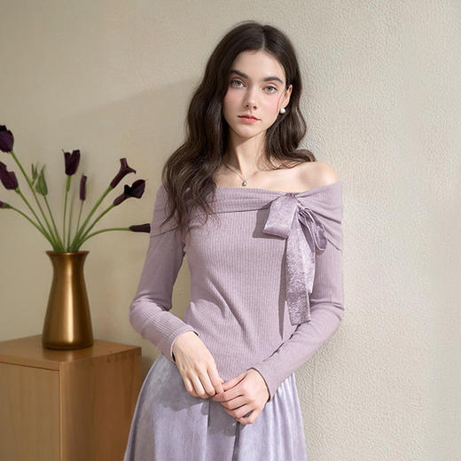 西遇韩系不规则系带蝴蝶结长袖针织T恤女秋季修身显瘦上衣V3051284 商品图3