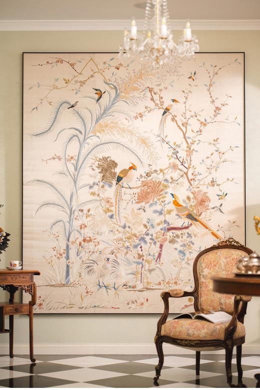 【已售】独角鹿西洋古董 1900年代中国出品「锦上添花」传统东方花鸟主题大型粤绣挂屏 商品图0