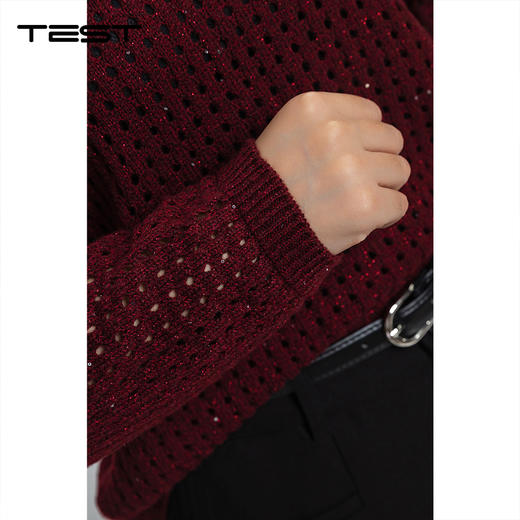 秋上新优雅气质风酒红色镂空针织衫1253086 商品图4