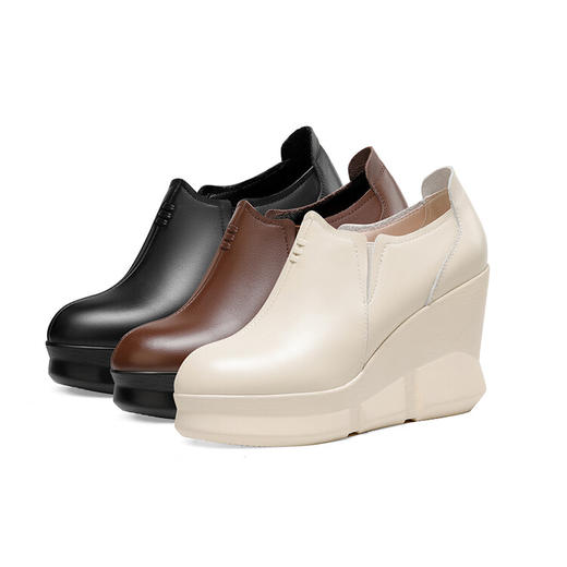 【预售5天】坡跟高跟鞋女春秋新款真皮圆头单鞋小个子内增高深口皮鞋SMQ&694 商品图0