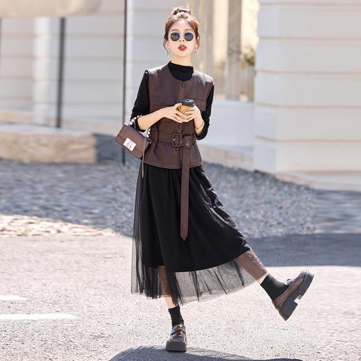 HR YF2619韩系气质时尚连衣裙套装系带收腰皮马甲网纱裙两件套 商品图2