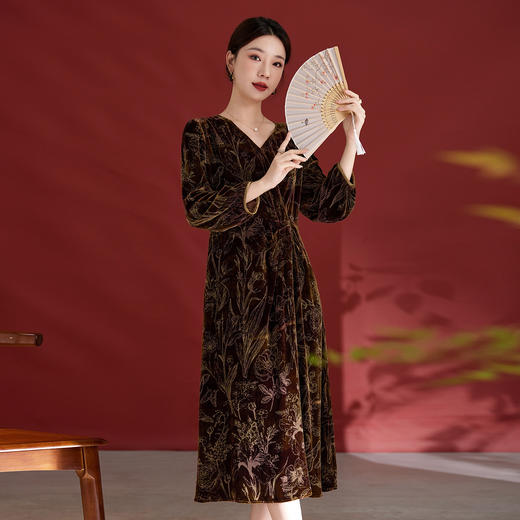 SM 1829重磅桑蚕丝连衣裙丝绒印花v领中长款优雅 商品图1