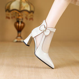 【预售5天】真皮网纱靴女新款时尚尖头粗跟性感镂空靴显瘦蝴蝶结高跟凉靴JLD&2590