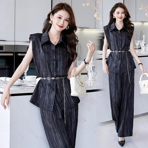 丁摩 阔腿裤套装女夏新款显瘦气质轻熟风通勤无袖衬衫两件套5ZF-929 商品图3