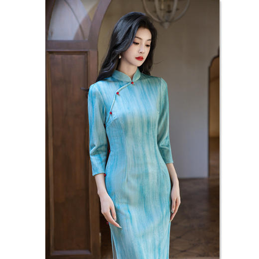 SKY 396114复古国风新中式长款七分袖针织单层日常旗袍 商品图2