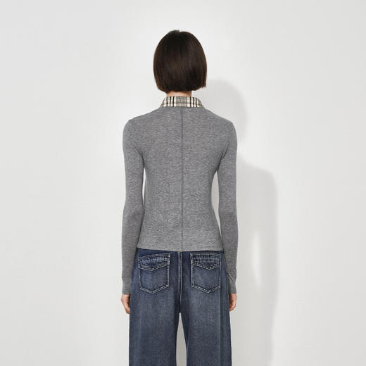 NUTH 格纹拼接假两件针织t恤宽松薄款长袖针织衫上衣女 商品图2