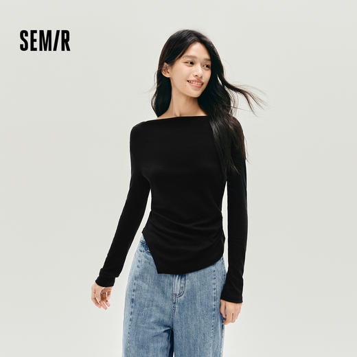 森马长袖T恤女短款不规则设计感修身显瘦2025新款秋荡领薄款上衣 商品图1