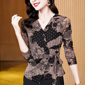 KQL E37M2952气质百搭V领印花网纱长袖系带打底衫大码t恤