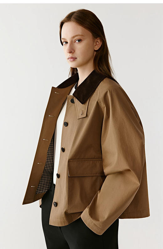 预售中旬发货，高密斜纹棉夹克巴恩风短外套 大身面料精选优质长绒棉 组织结构细腻 领部灯芯绒材质 自带复古滤镜 借鉴猎装风格 线条硬朗 可调节领袢 商品图2