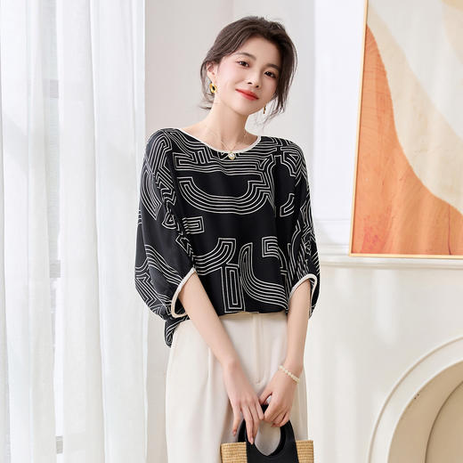 丁摩 轻奢大牌真丝上衣女春夏季圆领设计感气质减龄衬5ZF-3666 商品图1