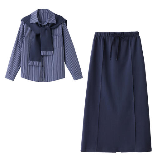 HR YF2617韩系气质披肩条纹衬衫套装优雅大气半身裙三件套 商品图4