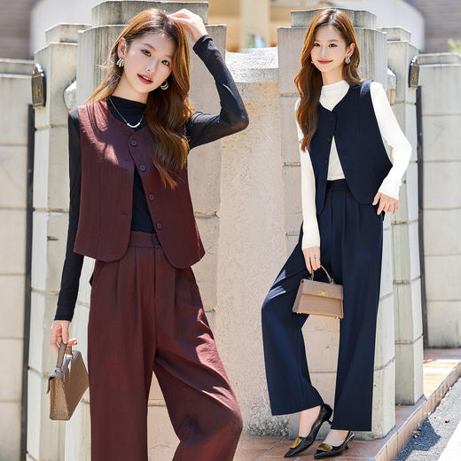 2025年秋装新款气质休闲减龄百搭无袖马甲上衣阔腿裤两件套送丝巾HMQY8262 商品图3