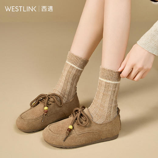 【限时秒杀】西遇软底袋鼠鞋女新款秋季百搭复古系带乐福小皮鞋平底勃肯鞋V1857064 商品图1