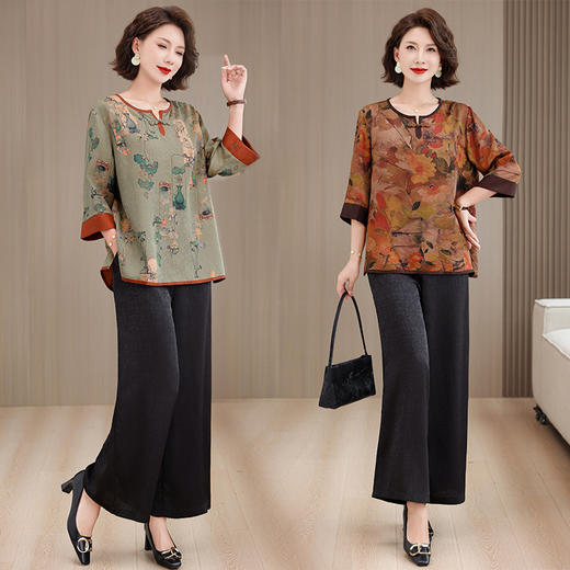 A8180中老年人妈妈夏装套装2025新款七分袖上衣洋气大码休闲女装 商品图0