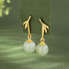 丁摩 s925纯银竹叶和田玉耳坠女古风长款竹子复古宫廷耳饰轻奢5ZF-913