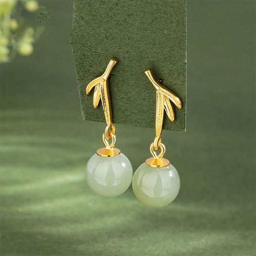 丁摩 s925纯银竹叶和田玉耳坠女古风长款竹子复古宫廷耳饰轻奢5ZF-913 商品图0