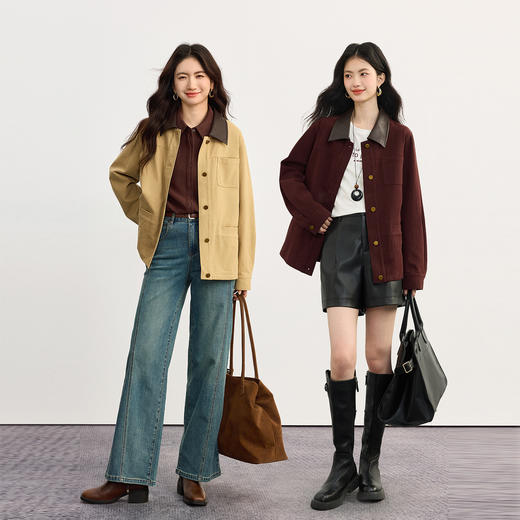 【09/03新品】熙世界复古撞色PU皮翻领外套女2025秋新款工装风夹克宽松休闲上衣 商品图1