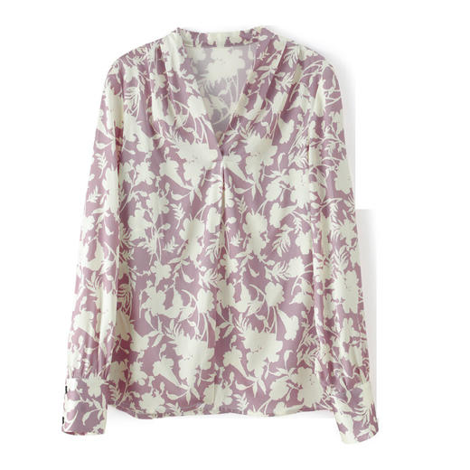 丁摩 春秋季套头V领显瘦优雅印花气质知性桑蚕丝长袖衬衫5ZF-3623 商品图4