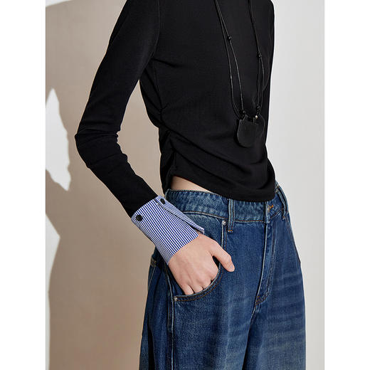 初语长袖t恤女收腰拼接格纹假两件chic洋气上衣 商品图3