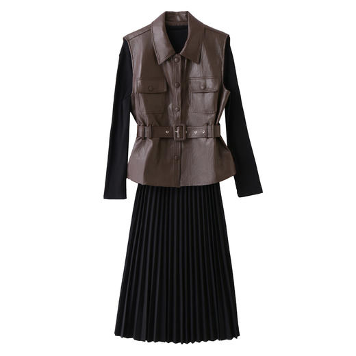 HR YF2620韩系气质PU皮马甲套装裙系带收腰显瘦百褶裙两件套 商品图4