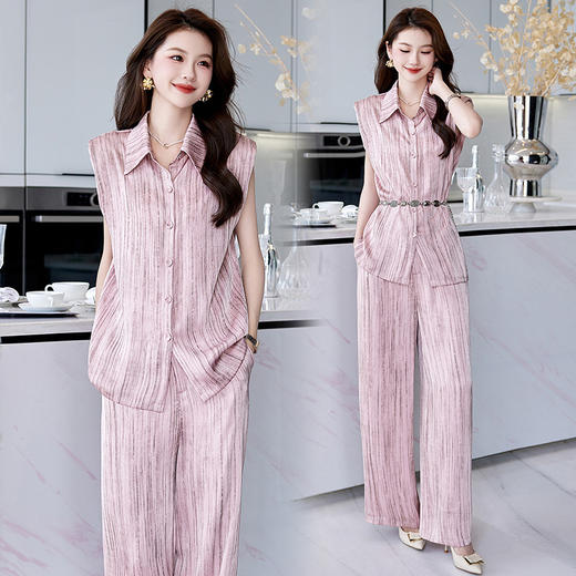 丁摩 阔腿裤套装女夏新款显瘦气质轻熟风通勤无袖衬衫两件套5ZF-929 商品图1