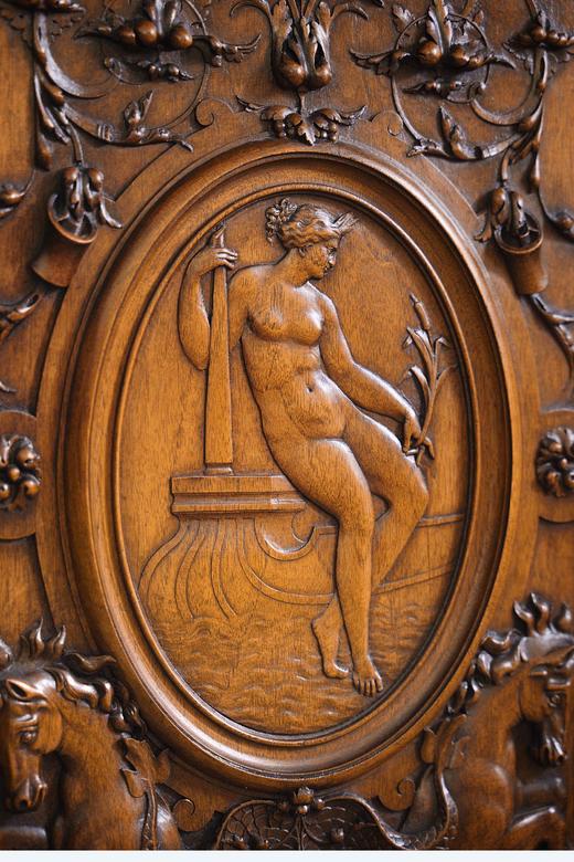 独角鹿西洋古董1880年代法国出品新文艺复兴风格古典女神主题胡桃木精雕大型边柜 商品图4