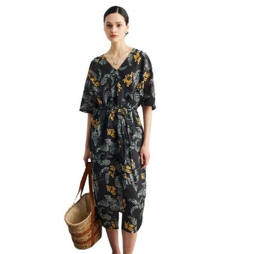 丁摩 100%苎麻连衣裙女春夏新款短袖宽松V领直筒过膝长款麻料裙子5ZF-916 商品图4