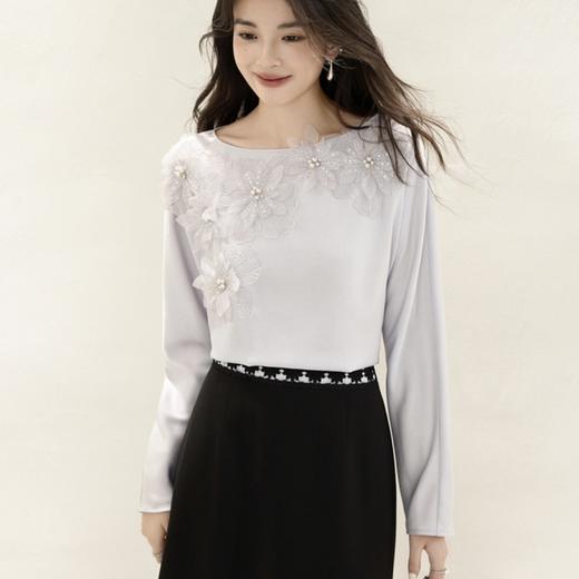 「自」全新升级【铂金会员165/天猫219/差价54】(45746)洛诗琳法式气质雪纺衬衫2025秋季蕾丝立体花显瘦通勤衬衫女 商品图1