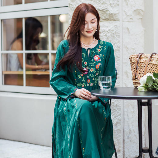 【林栖设计小店】婴儿棉连衣裙墨西哥绣花优雅气质宽松2025秋冬新款长裙女T1954113 商品图4