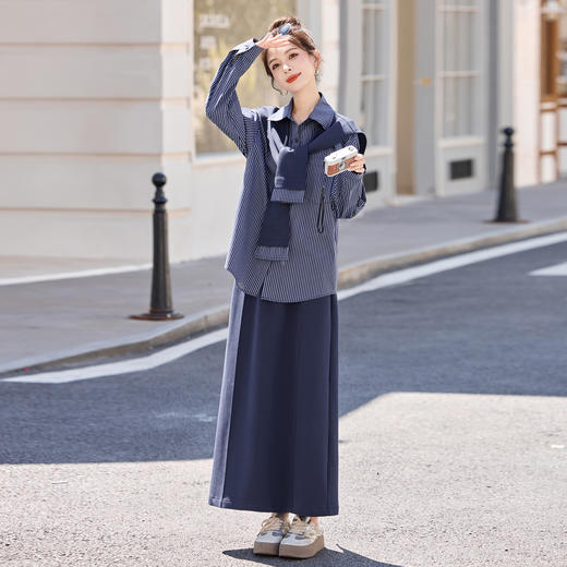 HR YF2617韩系气质披肩条纹衬衫套装优雅大气半身裙三件套 商品图3