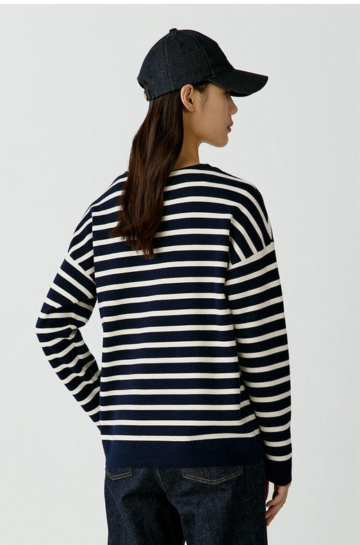 半精纺棉羊绒针织衫 条纹设计明快有活力 落肩直身廓形 自在舒适 领型独特 版型显瘦有空间感 藏青色+白色配色经典 商品图3