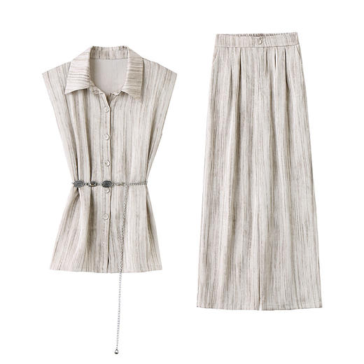 丁摩 阔腿裤套装女夏新款显瘦气质轻熟风通勤无袖衬衫两件套5ZF-929 商品图4