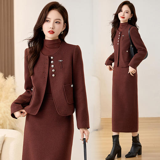 HR MEIQIN1866法式气质小香风毛呢套装裙名媛气质时尚三件套裙 商品图0