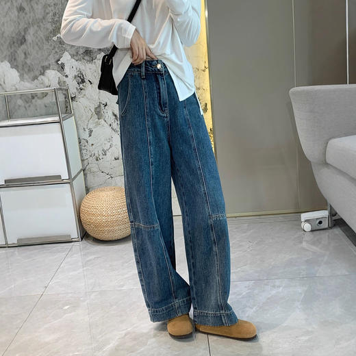 立裁结构分割弧形牛仔裤！女款遮胯显瘦秋季新拼接高腰美式复古阔腿裤！ 商品图2