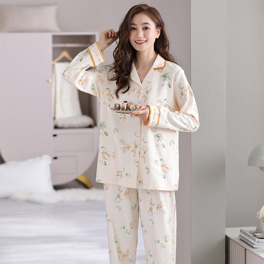 睡衣女士秋季纯棉长袖长裤开衫套装简约休闲女款宽松户外家居服   JL-LG1193 商品图3