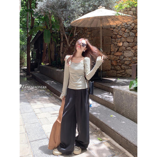 <曾小咸推荐>撞色条纹正肩长袖T恤内搭修身 商品图3